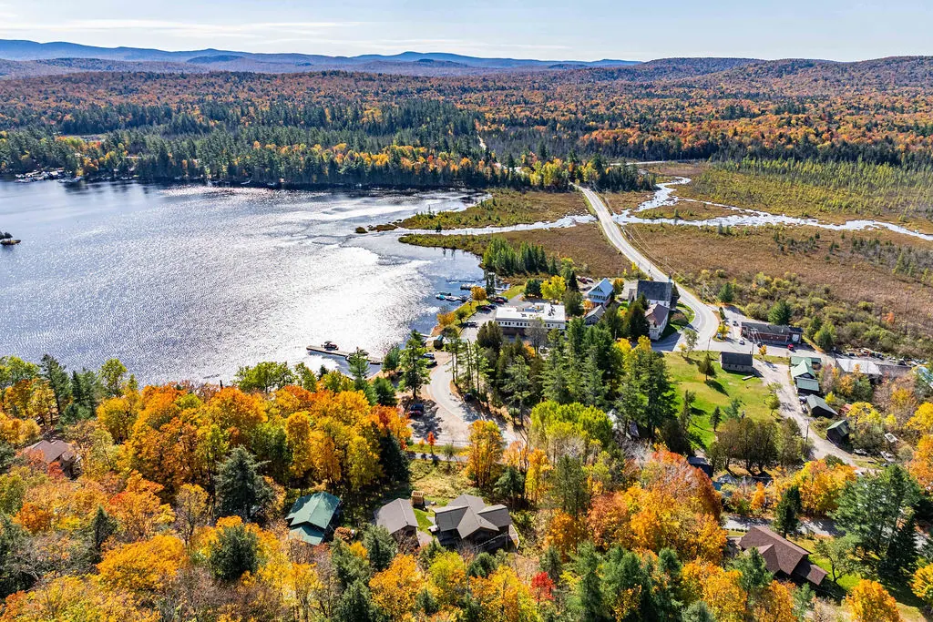 The hamlet of Raquette Lake and its harbor from above, with the marsh and mountains beyond