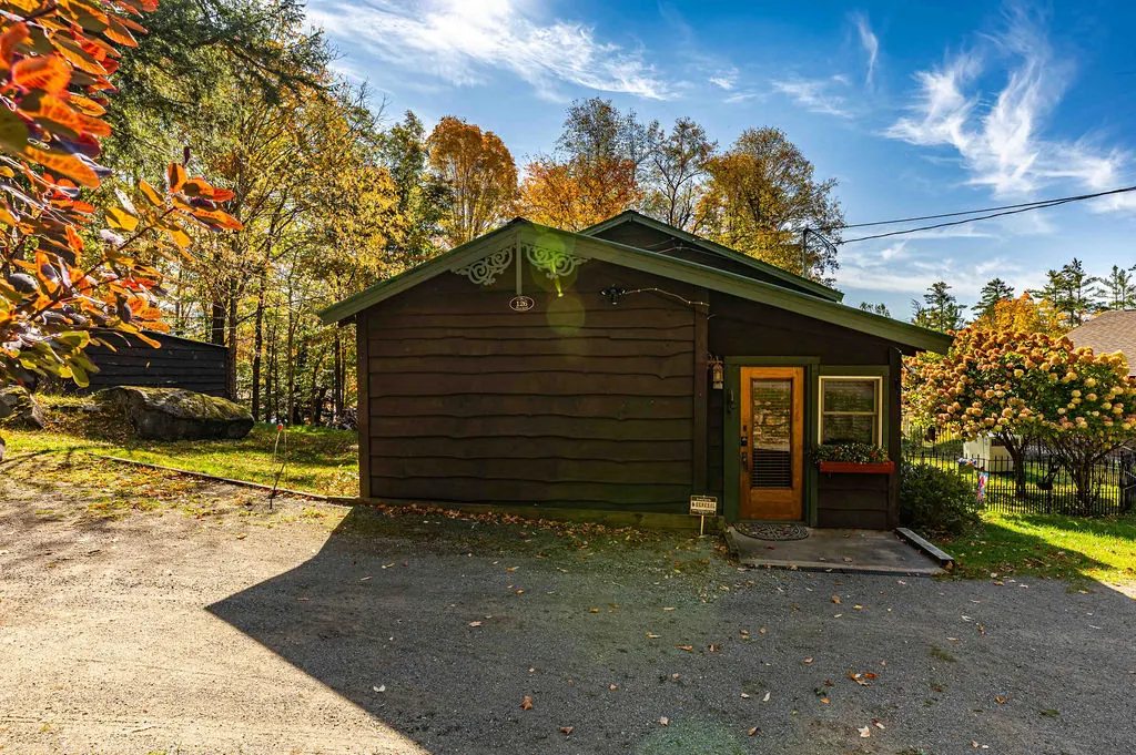 The cabin's dark-stained gable end and front door framed by autumn trees
